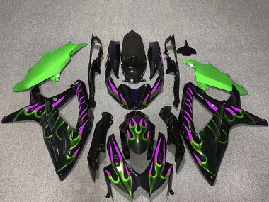 Migliori Carene Moto Suzuki GSXR 600 / GSXR 750 2008-2010 - Nero Lucido Verde Viola Fiamma