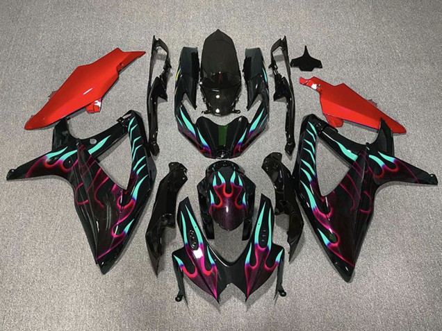 Migliori Carene Moto Suzuki GSXR 600 / GSXR 750 2008-2010 - Nero Lucido Rosso Ciano Fiamma