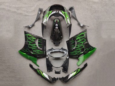 Migliori Carena Moto Kawasaki ZZR1100 1993-2003 - Nero Lucido Verde Fiamma
