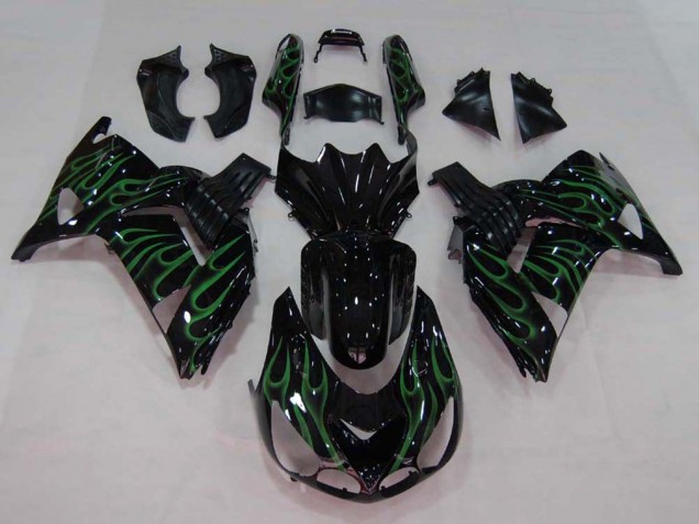 Migliori Carena Moto Kawasaki ZX14R ZZR1400 2006-2011 - Nero Lucido Verde Fiamma