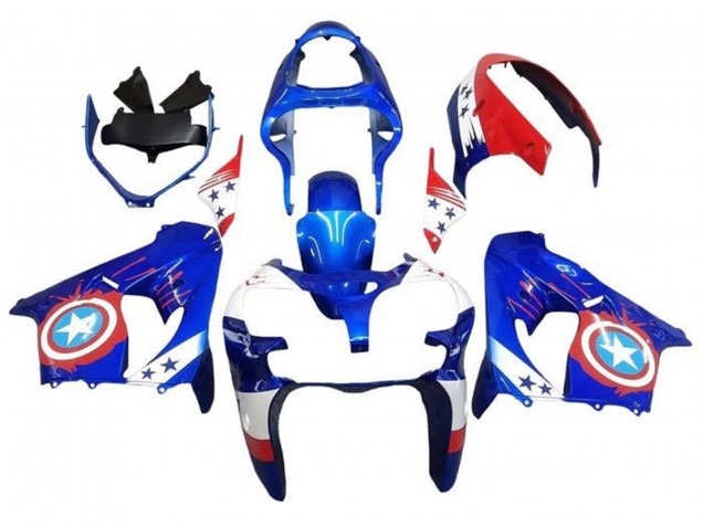 Migliori Carena Moto Kawasaki ZX9R 2000-2001 - Blu Rosso Captain America Star