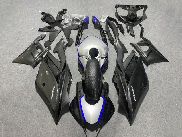 Migliori Carena Moto Yamaha YZF R3/R25 2019-2021 - Nero Fibra di Carbonio Stile Argento Blu