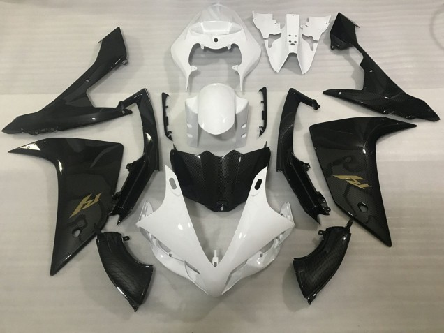 Migliori Carena Moto Yamaha YZF 1000 R1 2007-2008 - Bianco Falso Fibra di Carbonio Oro Decal