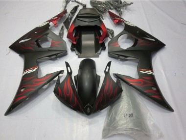 Migliori Carene Moto Yamaha YZF R6 2005 - Nero Opaco Rosso Opaco Fiamma