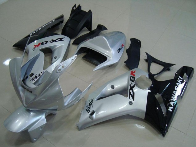 Migliori Carena Moto Kawasaki ZX6R 2003-2004 - Argento Nero Lucido